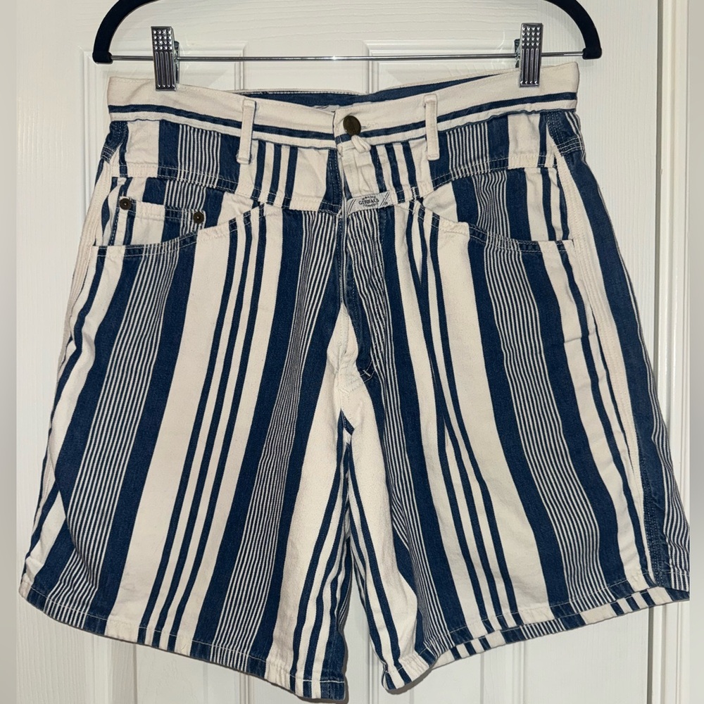 Vintage Marithe Francois Girbaud Navy and White Striped Women's Bermudas